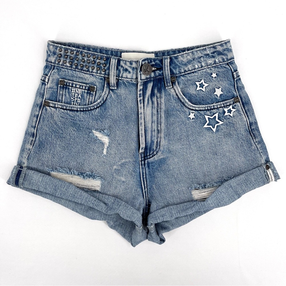 One Teaspoon Bandits Blue Jean Shorts with Star Details